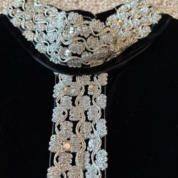 Vintage 70s Black Velvet Column Dress | Silver Thread & Beading | Mod Evening - Picture 3 of 11